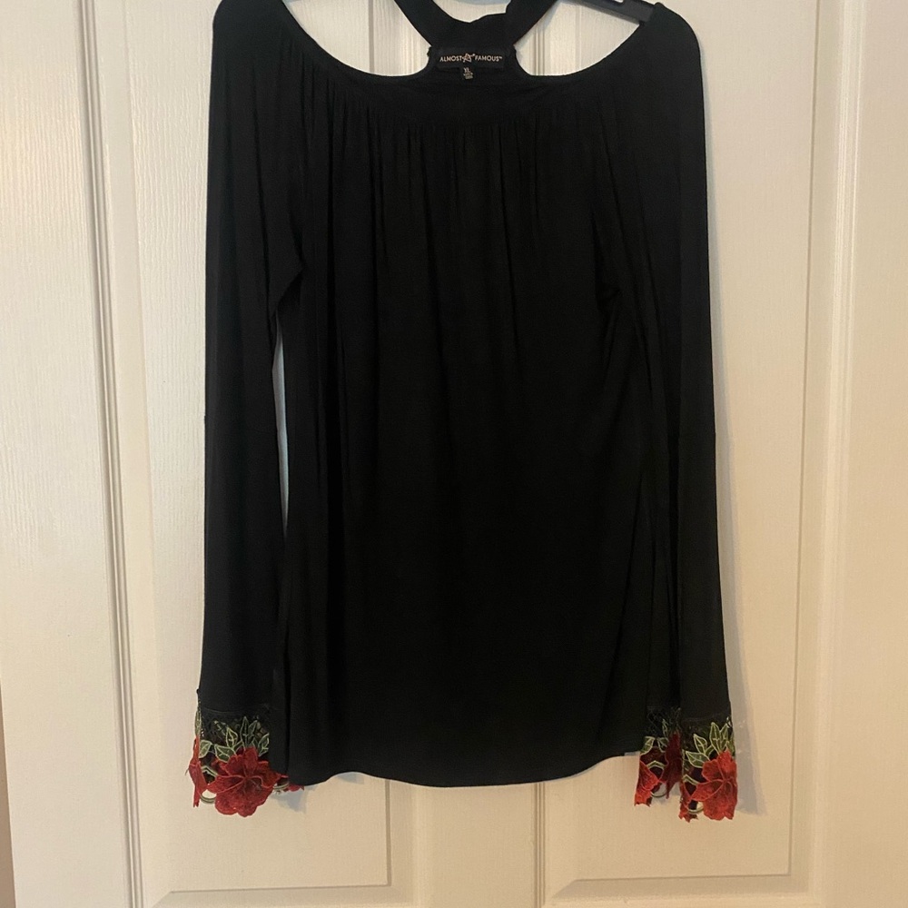 Almost Famous Black Top with Red Floral Details